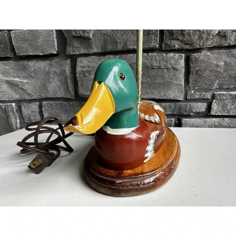 VTG Hand Carved Wood Mallard Duck Decoy Lamp & Green Shade Farm Country Cottage